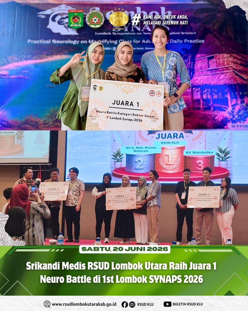 Prestasi membanggakan kembali dipersembahkan oleh tim medis RSUD Kabupaten Lombok Utara. Tiga dokter terbaik, dr. Padlia, dr. Made Rika Anastasia Pratiwi, dan dr. Baiq Amalia Utami, berhasil meraih Juara 1 Neuro Battle Kategori Dokter Umum dalam ajang 1st Lombok SYNAPS 2026. Keberhasilan ini diraih setelah melalui rangkaian simposium dan kompetisi yang berlangsung kompetitif, hingga akhirnya tampil gemilang pada Final Pertempuran Neurologi yang diselenggarakan pada 20 Juni 2026 di Golden Palace Hotel, Mataram. Dengan kemampuan klinis, ketajaman analisis, serta kerja sama tim yang luar biasa, ketiganya berhasil mengungguli para peserta dari berbagai daerah. Prestasi ini menjadi bukti nyata komitmen RSUD Kabupaten Lombok Utara dalam meningkatkan kompetensi sumber daya manusia kesehatan, sekaligus menghadirkan pelayanan medis yang profesional, berkualitas, dan berorientasi pada keselamatan pasien. Selamat dan apresiasi setinggi-tingginya kepada dr. Padlia, dr. Made Rika Anastasia Pratiwi, dan dr. Baiq Amalia Utami atas pencapaian yang membanggakan ini. Semoga prestasi ini menjadi motivasi untuk terus belajar, berkembang, dan menginspirasi dalam memberikan pelayanan terbaik bagi masyarakat.